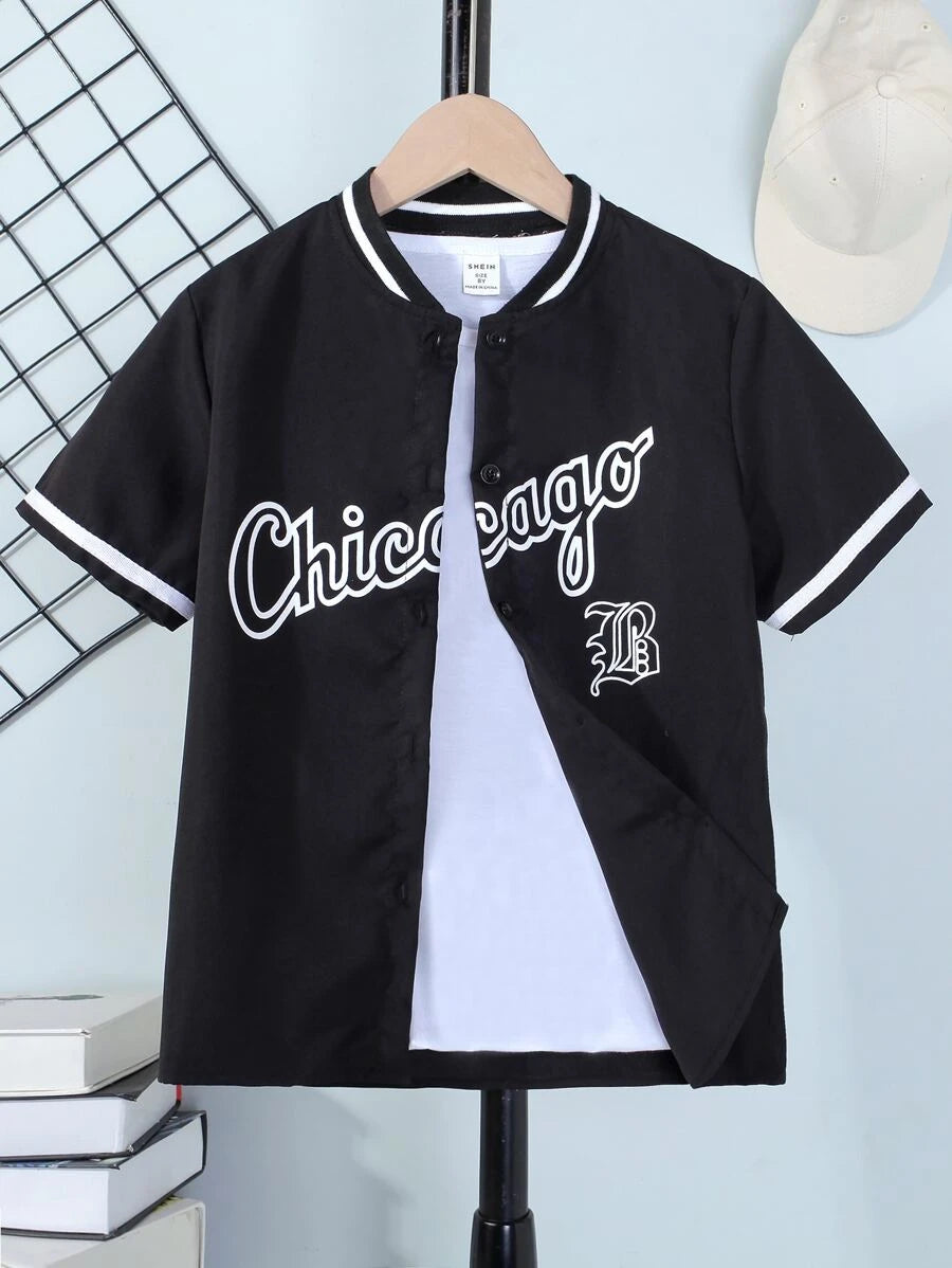 SHEIN Tween Boy Letter Graphic Baseball Collar Shirt