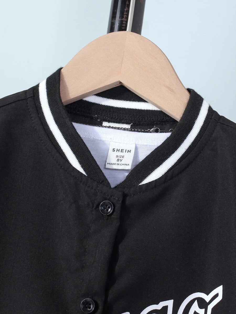 SHEIN Tween Boy Letter Graphic Baseball Collar Shirt