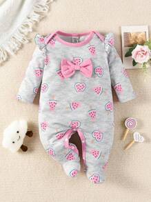 Baby Girl Ruffle Footed Jumpsuit – Bow & Cartoon Print