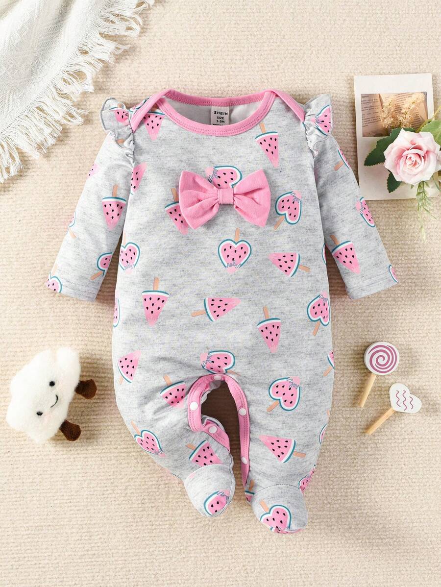 Baby Girl Ruffle Footed Jumpsuit – Bow & Cartoon Print