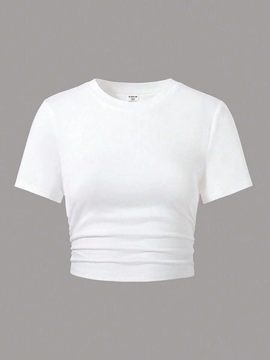 SHEIN Teen Girls’ Solid Color Wrinkle Design Cropped Fitted T-Shirt
