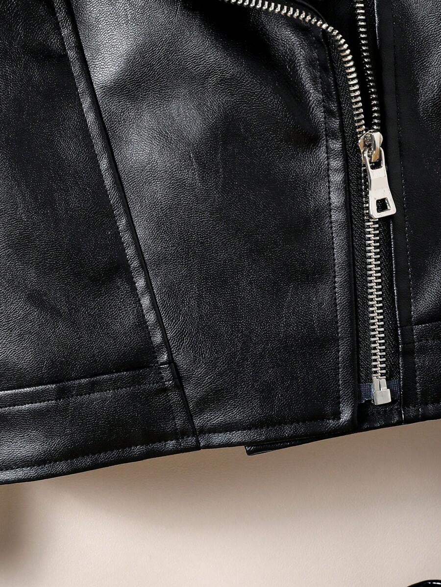 Girls' PU Leather Moto Jacket – Zipper Collar, Autumn