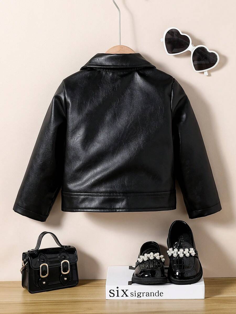 Girls' PU Leather Moto Jacket – Zipper Collar, Autumn
