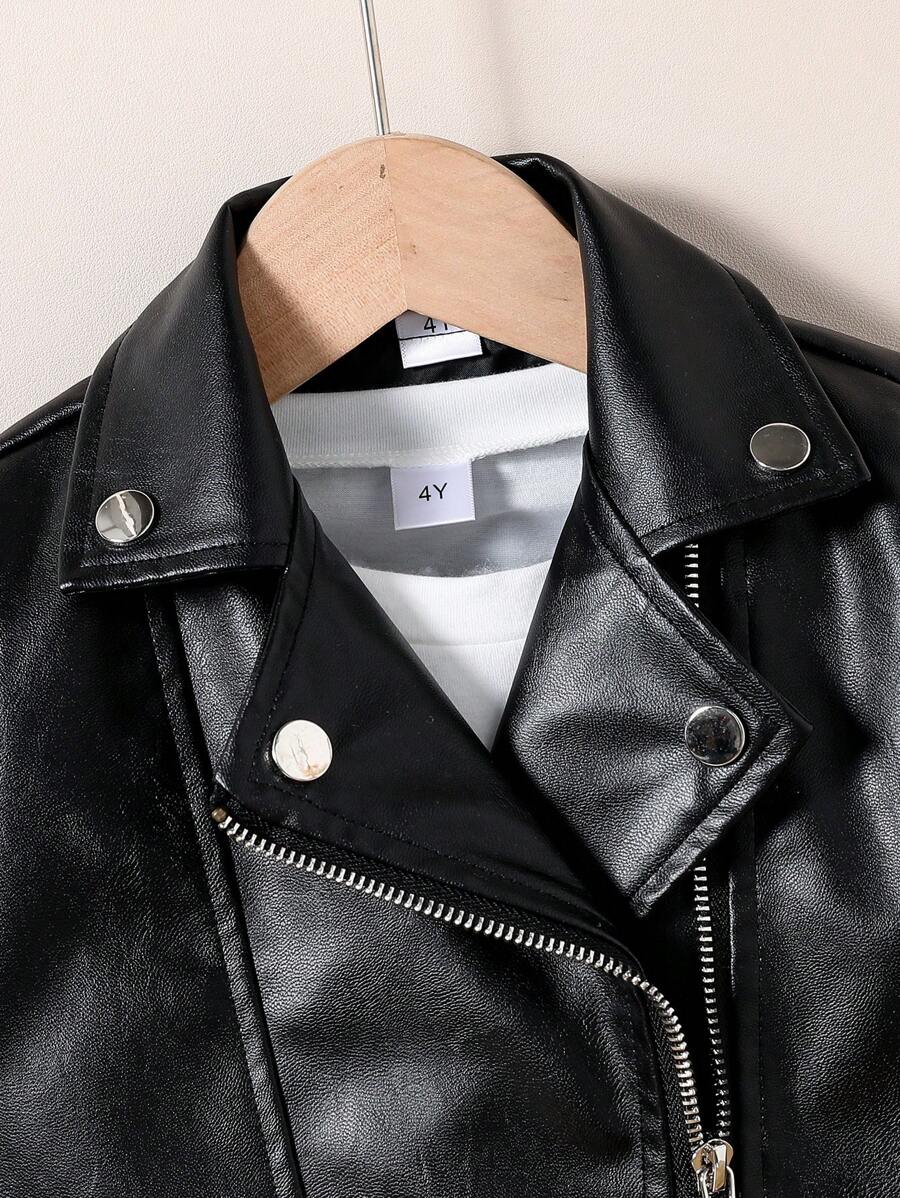 Girls' PU Leather Moto Jacket – Zipper Collar, Autumn