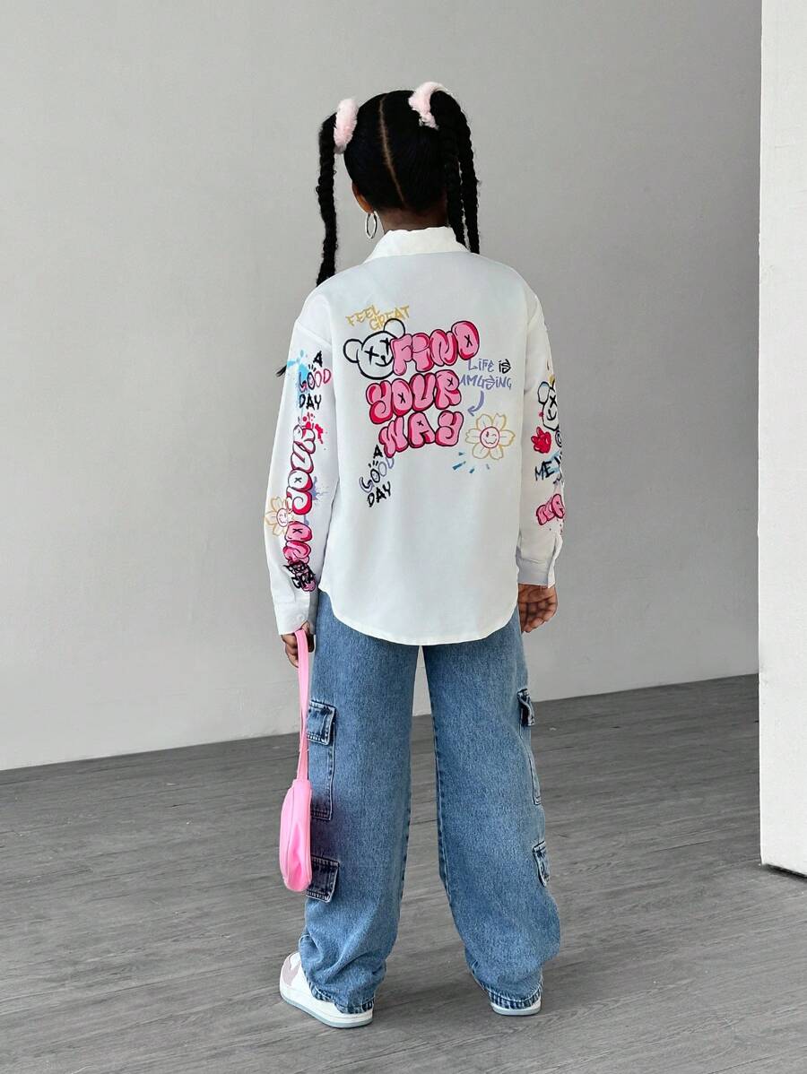 Tween Girls Oversized Graffiti Bear Print Shirt