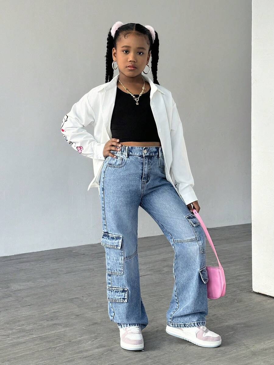Tween Girls Oversized Graffiti Bear Print Shirt