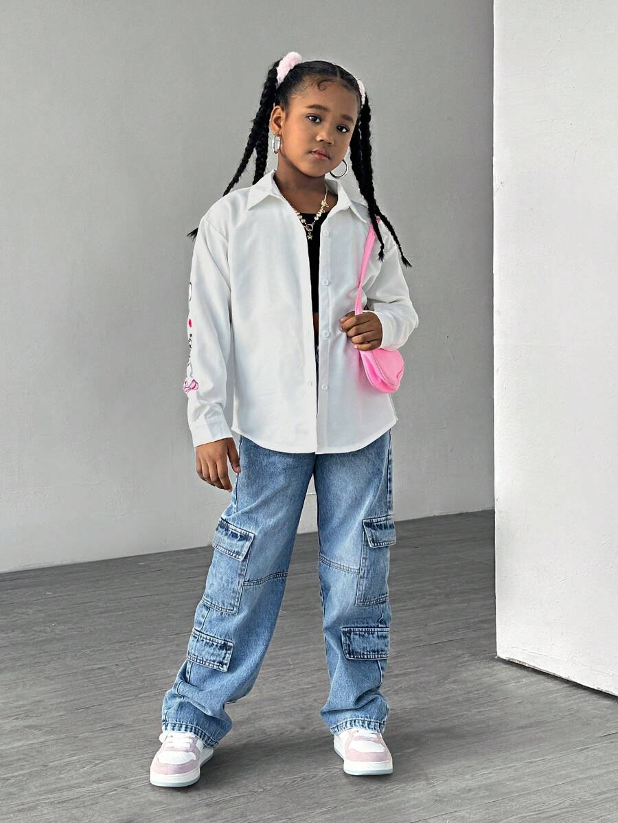 Tween Girls Oversized Graffiti Bear Print Shirt