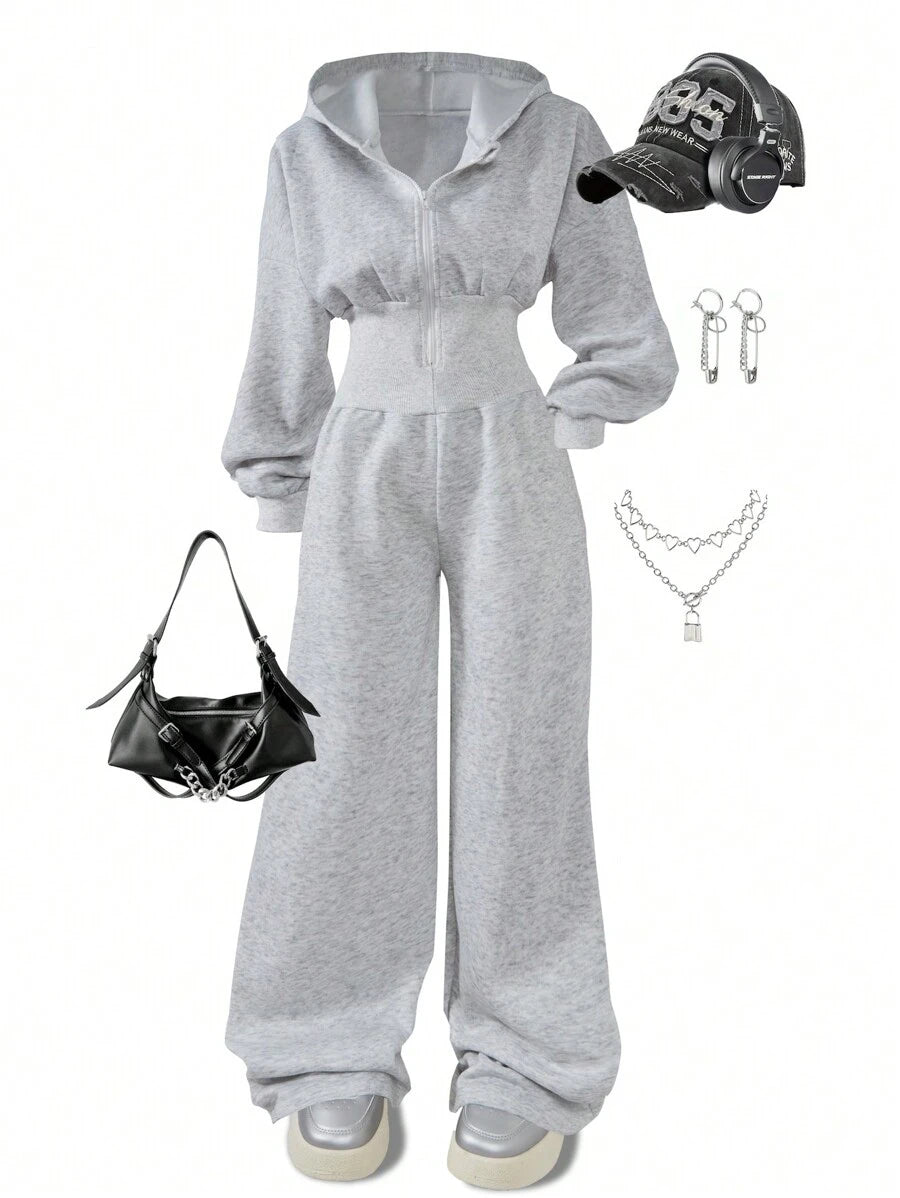 SHEIN Tween Girls Hooded Zip-Up Thermal Pants Jumpsuit