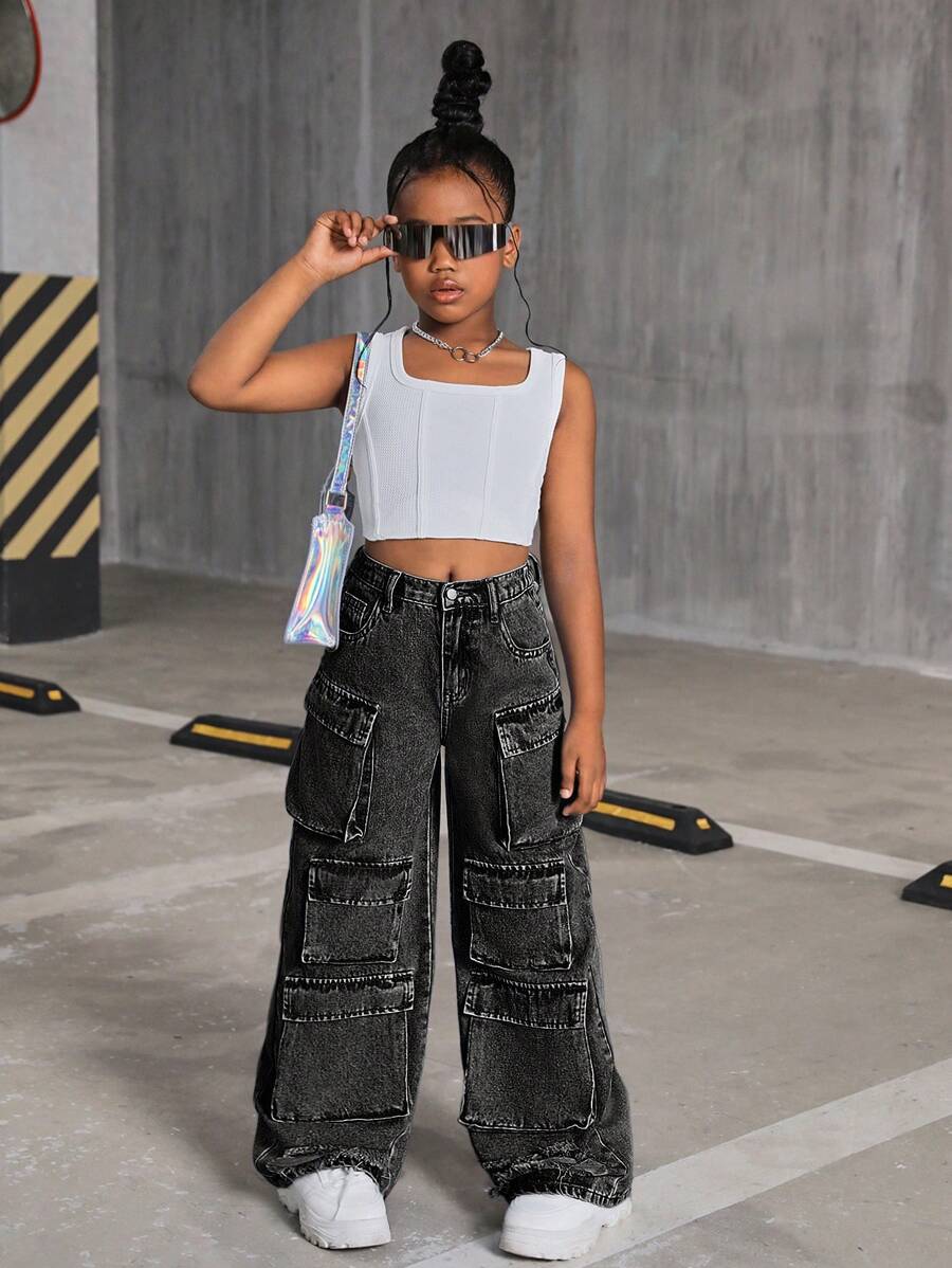 SHEIN Tween Girls' Y2K Fashion Cargo Jeans