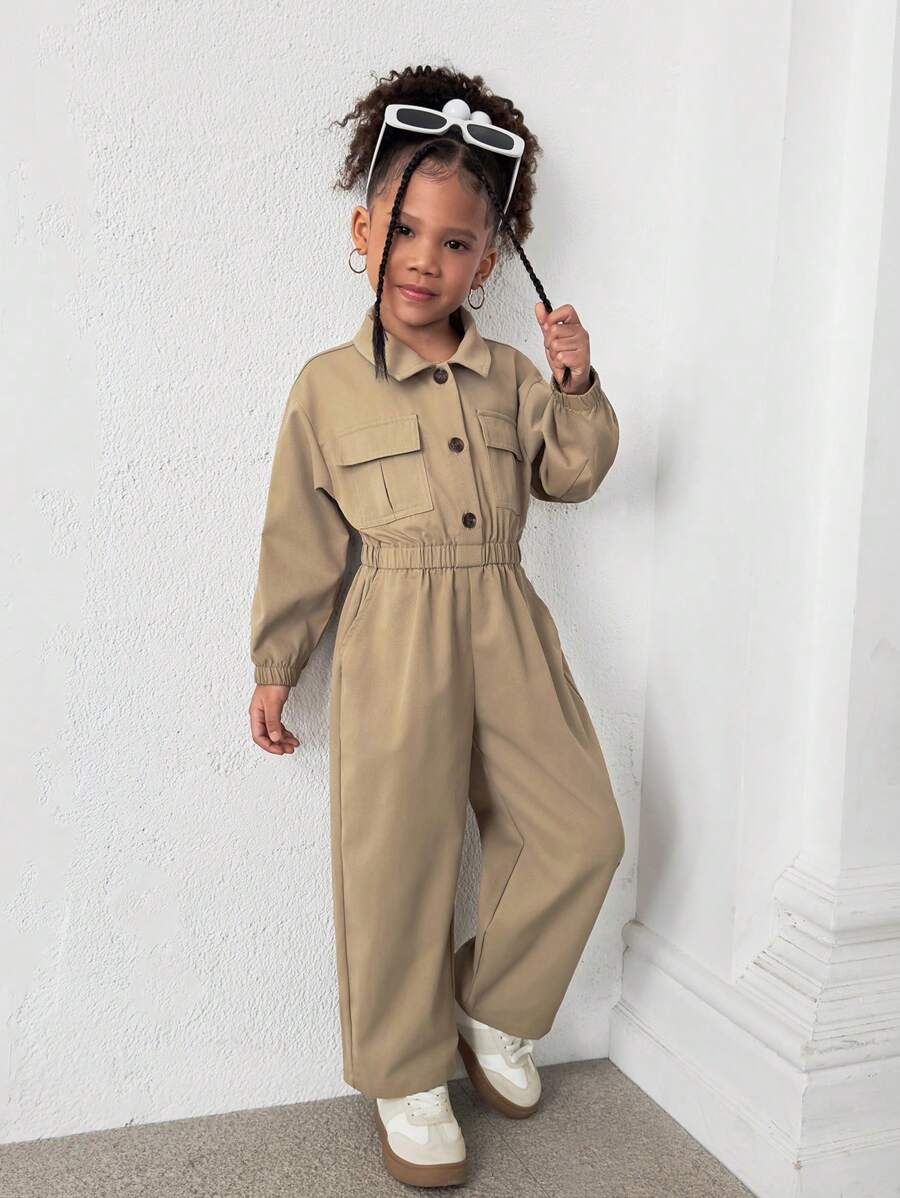Girls Solid Color Waist-Cinched Casual Jumpsuit