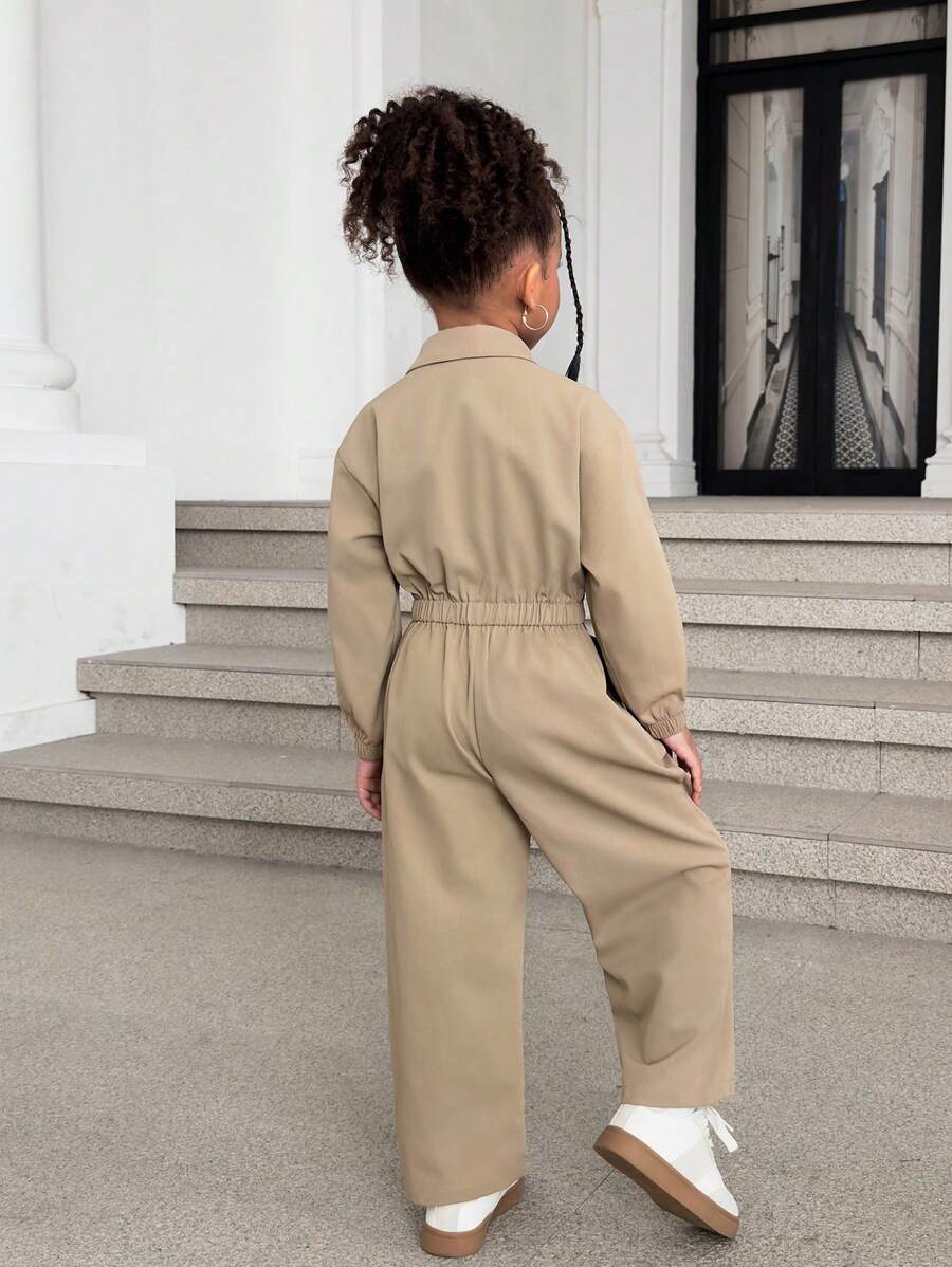 Girls Solid Color Waist-Cinched Casual Jumpsuit