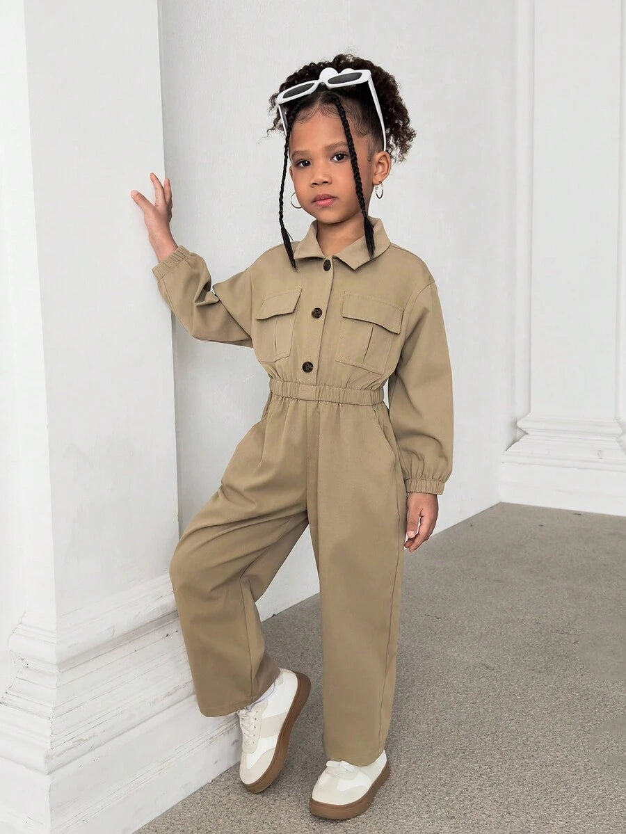 Girls Solid Color Waist-Cinched Casual Jumpsuit