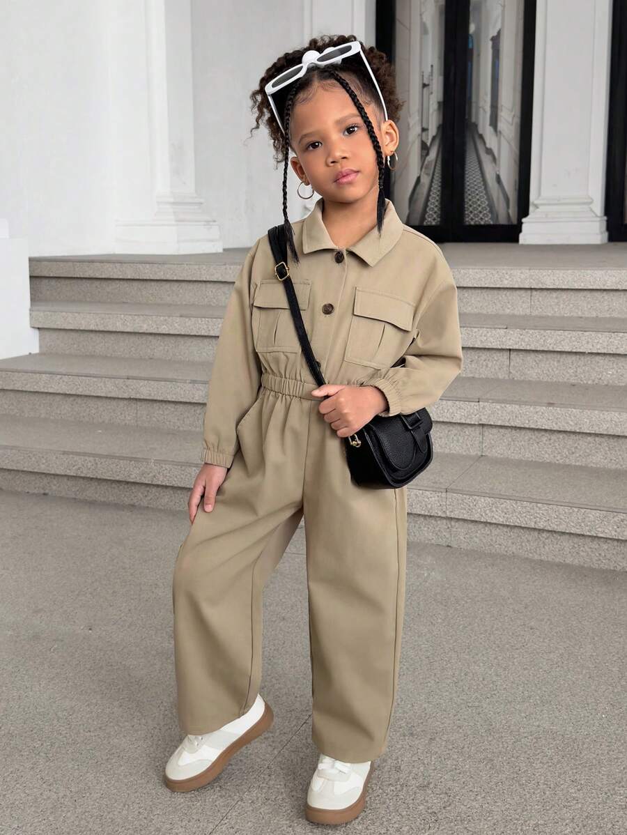 Girls Solid Color Waist-Cinched Casual Jumpsuit