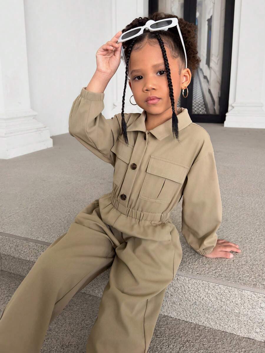 Girls Solid Color Waist-Cinched Casual Jumpsuit