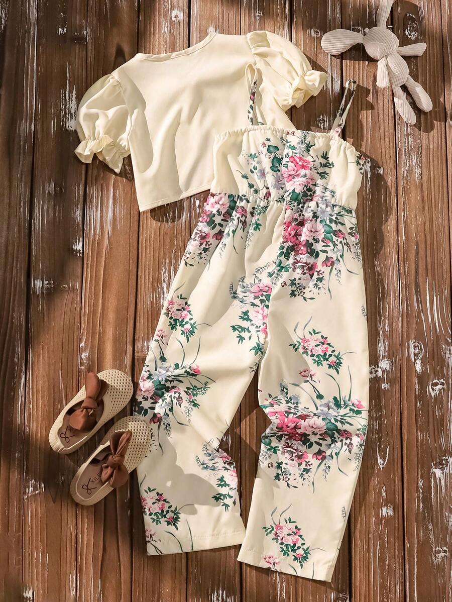 SHEIN Vintaside Kids Girls Puff Sleeve Top & Jumpsuit