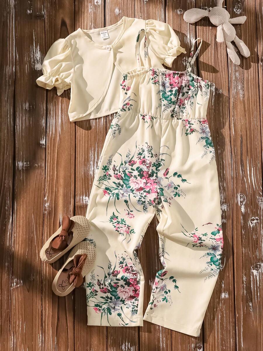 SHEIN Vintaside Kids Girls Puff Sleeve Top & Jumpsuit