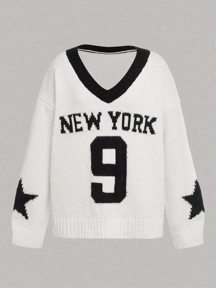 SHEIN Teen Girl Colorblock V-Neck Pullover Sweater