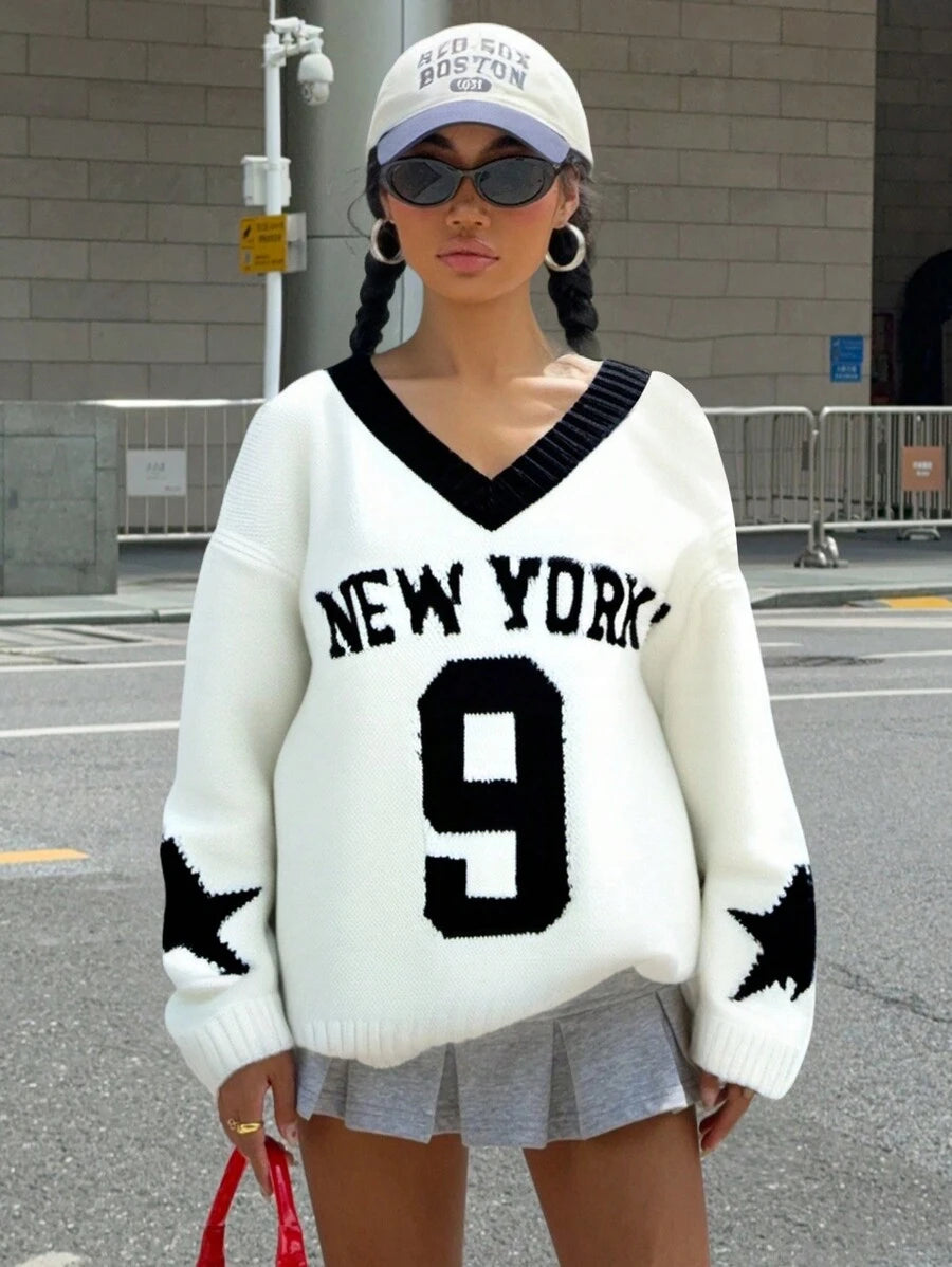 SHEIN Teen Girl Colorblock V-Neck Pullover Sweater