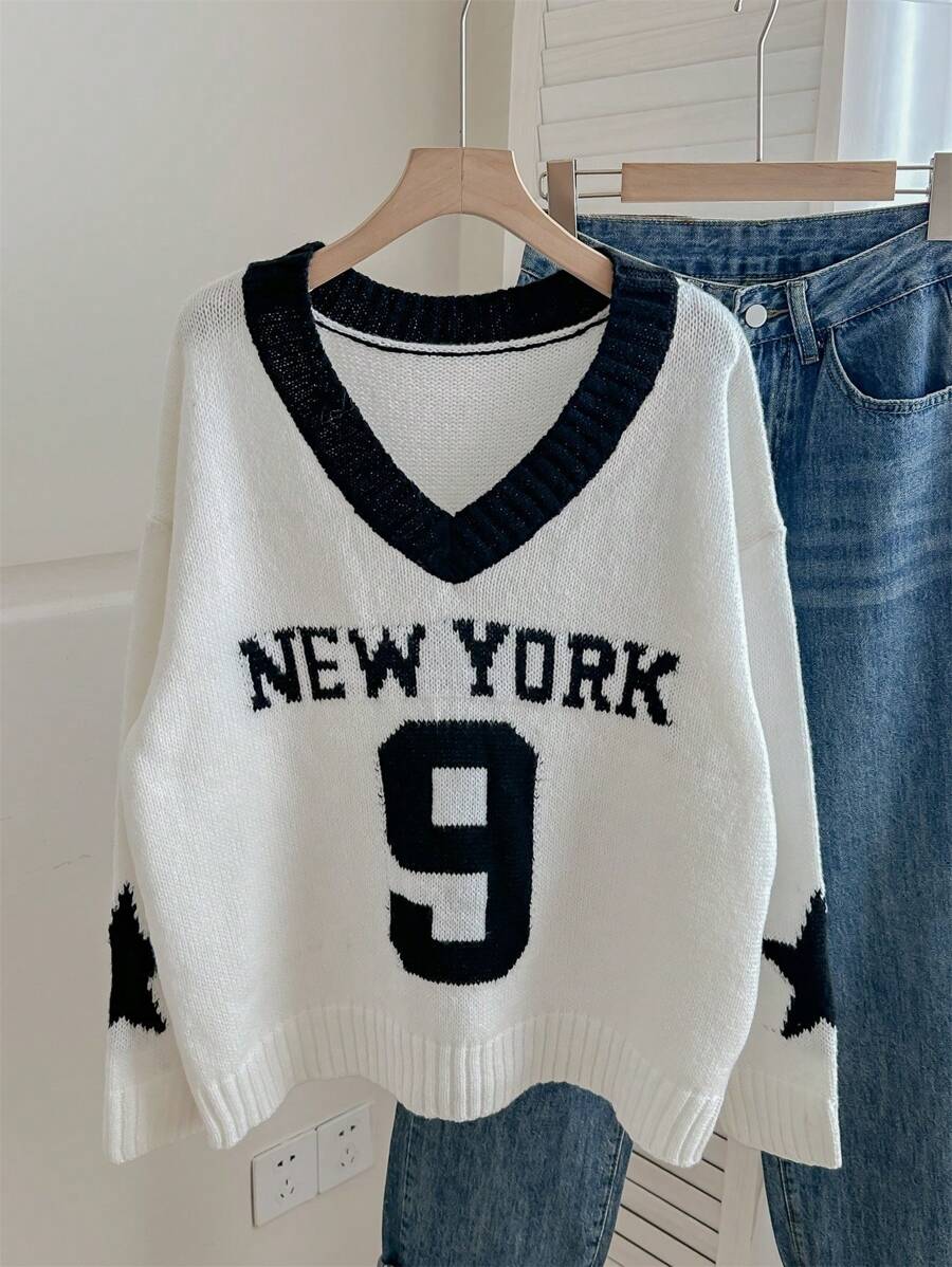 SHEIN Teen Girl Colorblock V-Neck Pullover Sweater