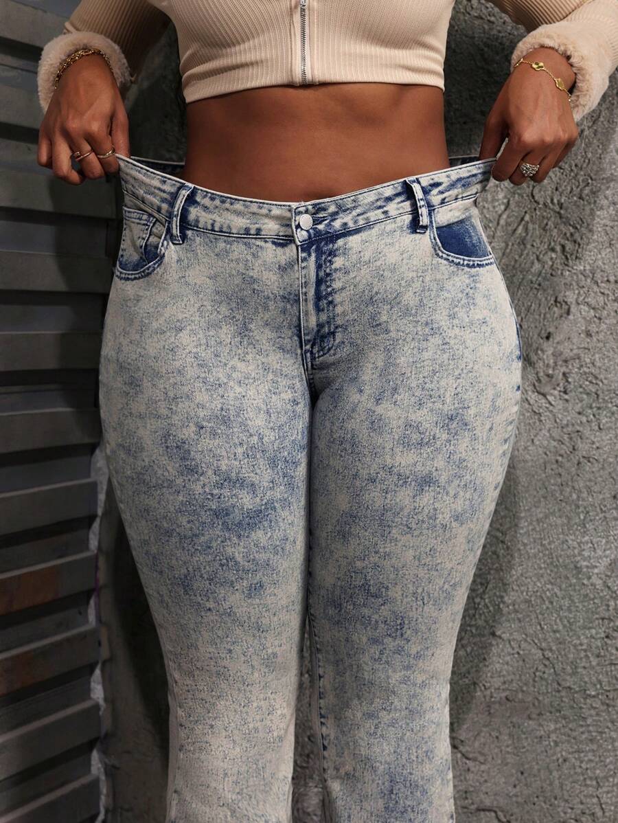 Dripcurv Plus Size Sexy Low Waist Skinny Flare Jeans – Blue Denim for Women’s Fall Fashion