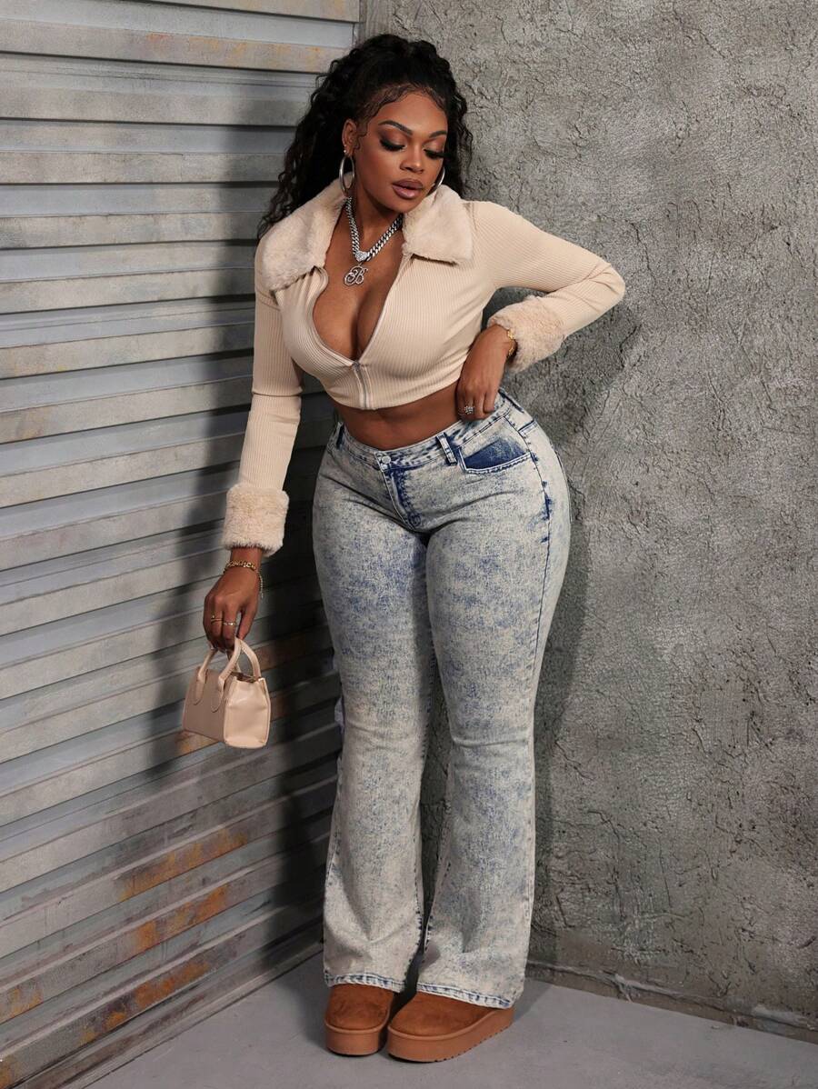 Dripcurv Plus Size Sexy Low Waist Skinny Flare Jeans – Blue Denim for Women’s Fall Fashion