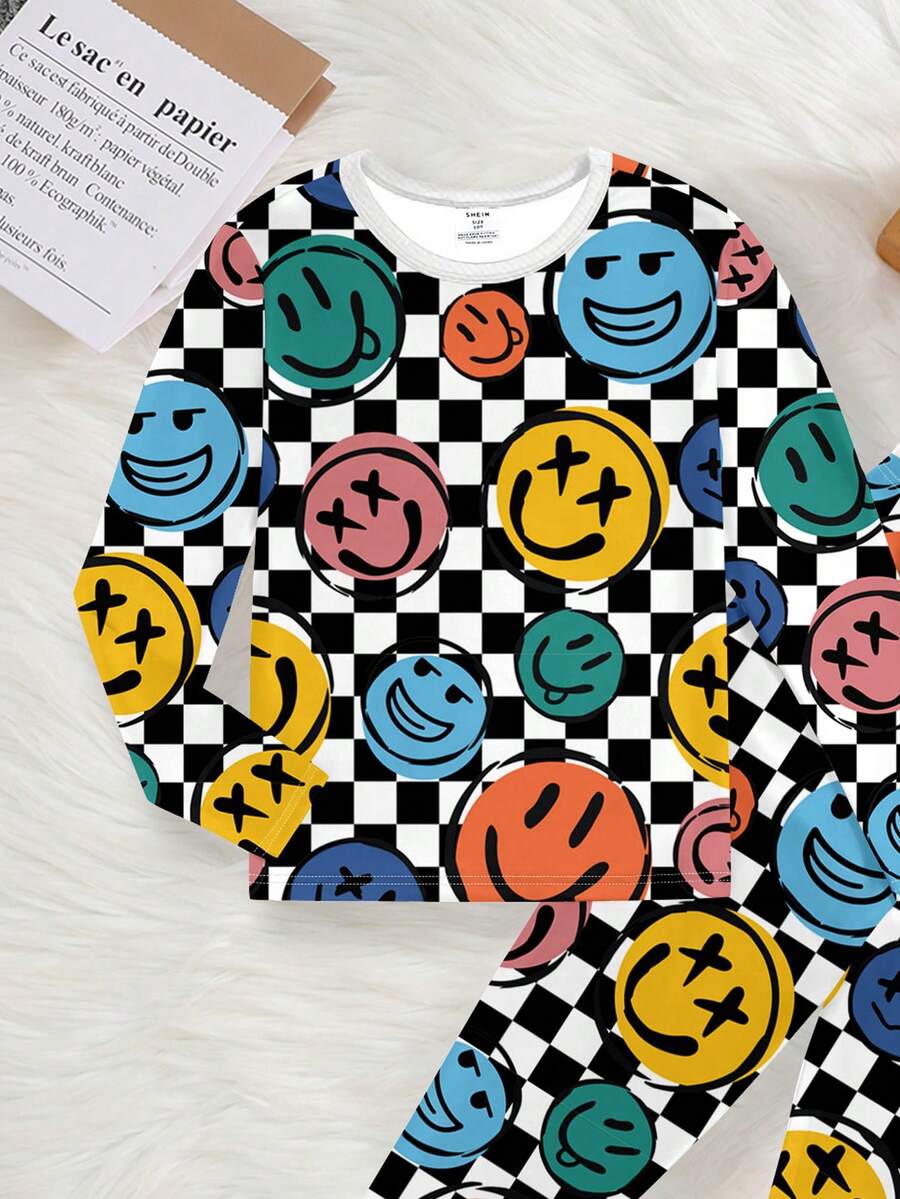 Tween Boys’ Casual Face Print Long Sleeve Loungewear Set