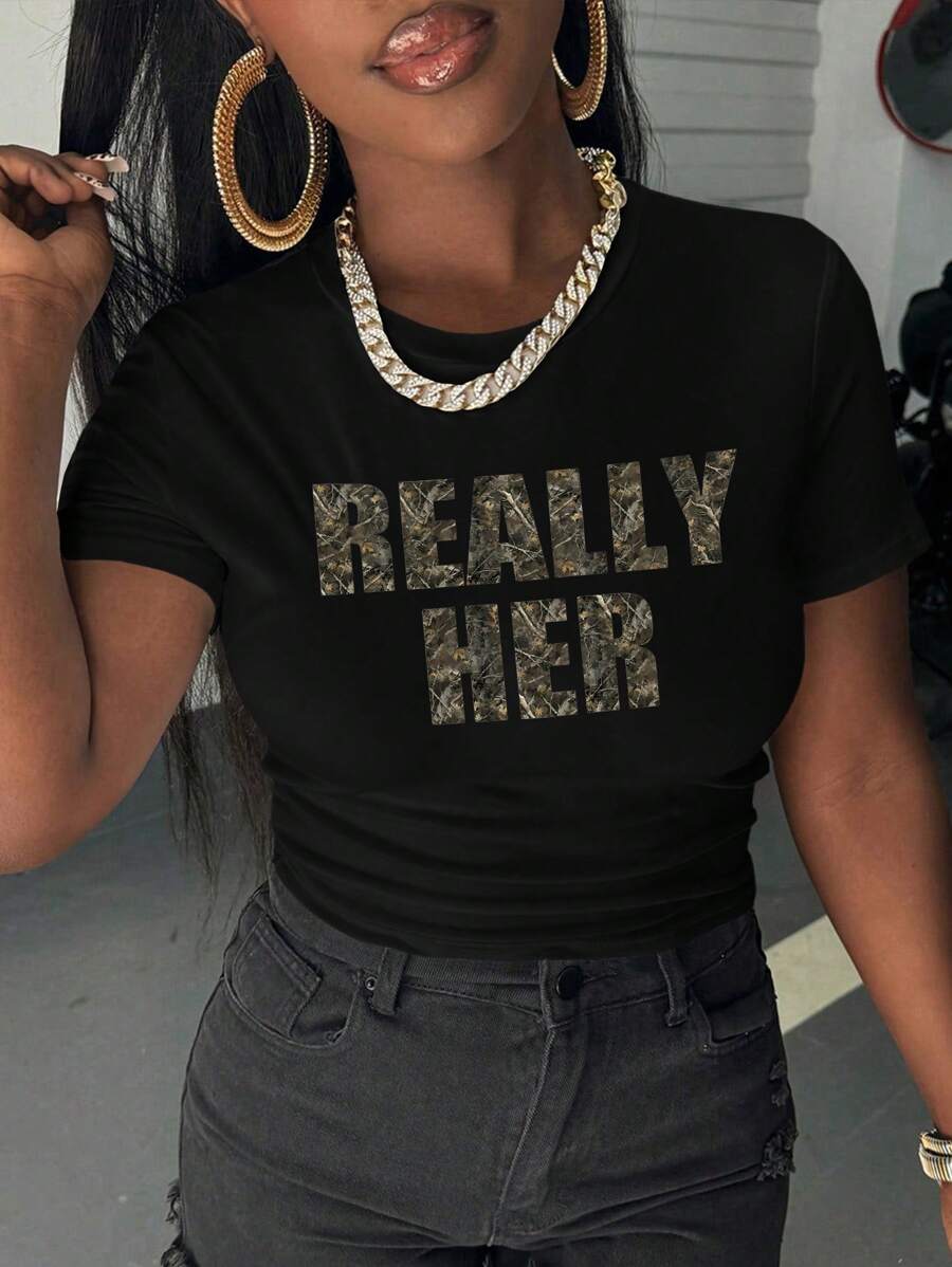 INAWLY Womens Casual Round Neck Short Sleeve Letter Print Simple Top Everyday Wear