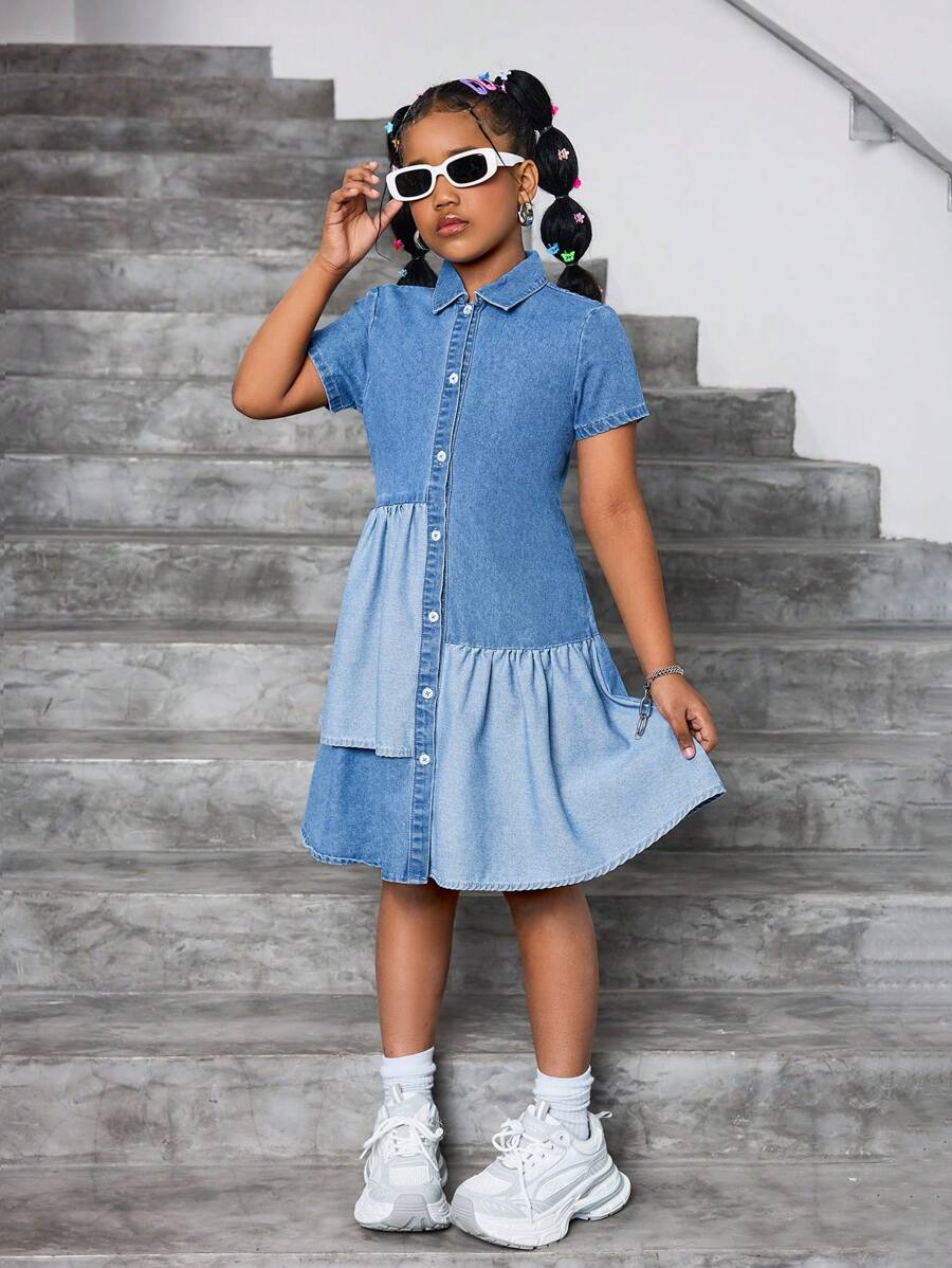 SHEIN Tween Girls Casual Denim A-Line Shirt Dress