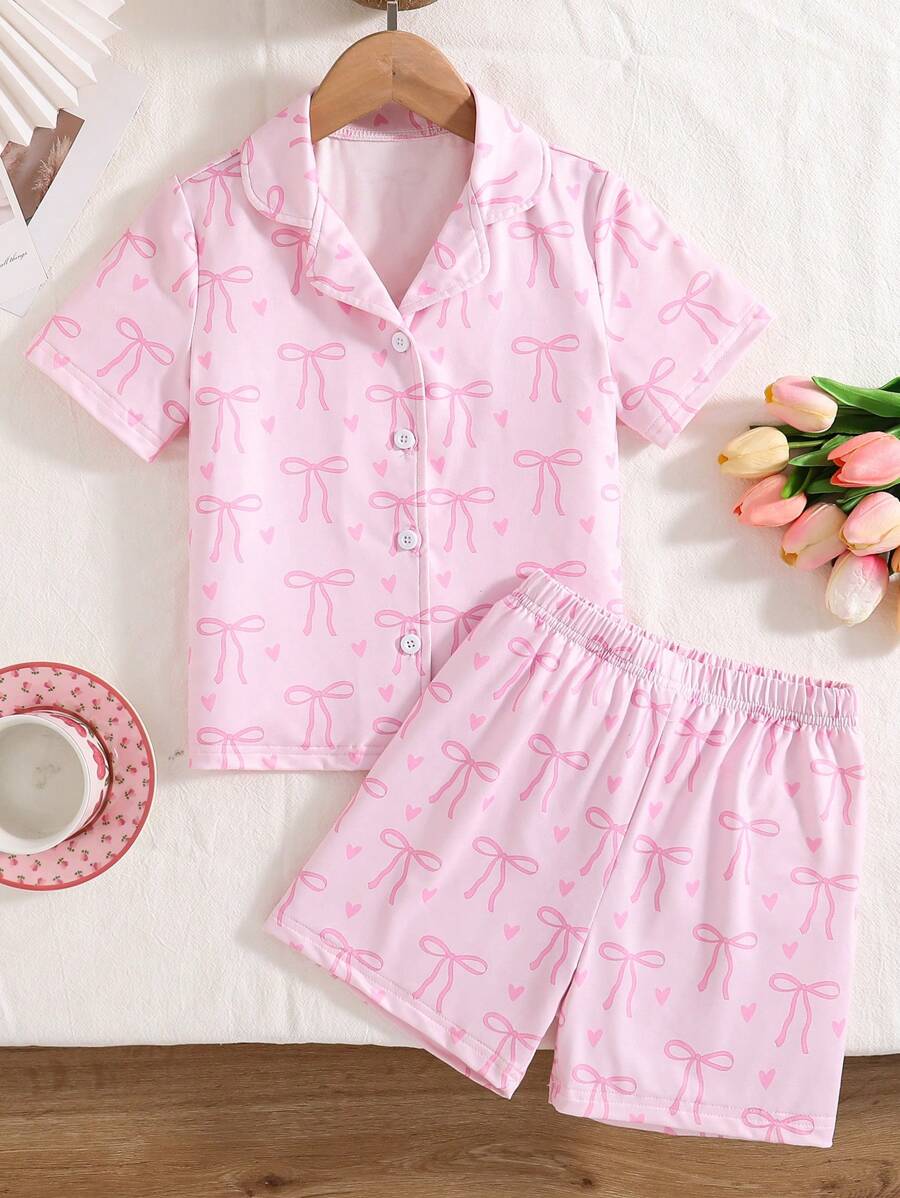 Girls Bow Print Knit Set – Collared Top & Shorts