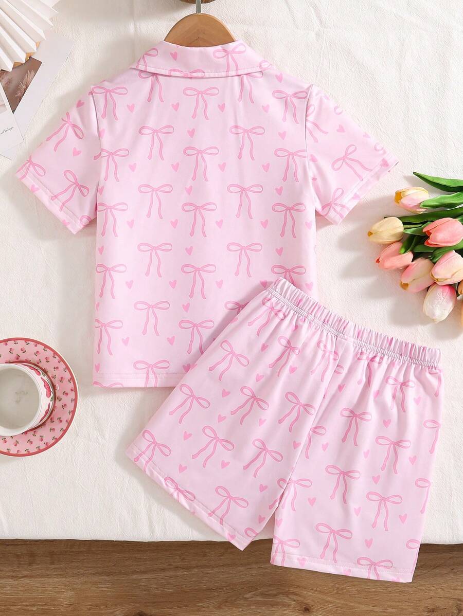 Girls Bow Print Knit Set – Collared Top & Shorts