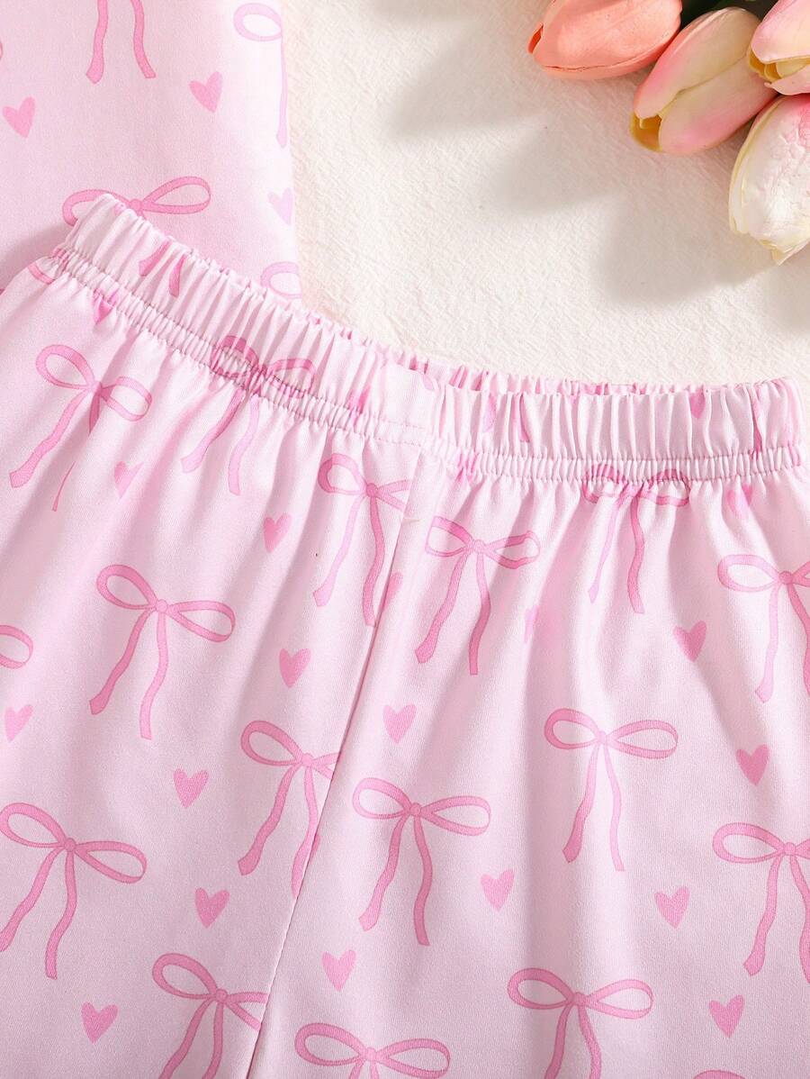 Girls Bow Print Knit Set – Collared Top & Shorts