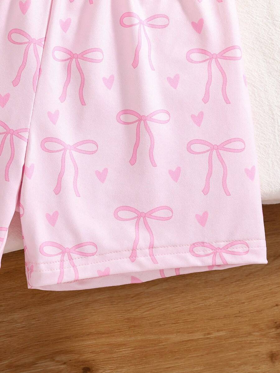 Girls Bow Print Knit Set – Collared Top & Shorts