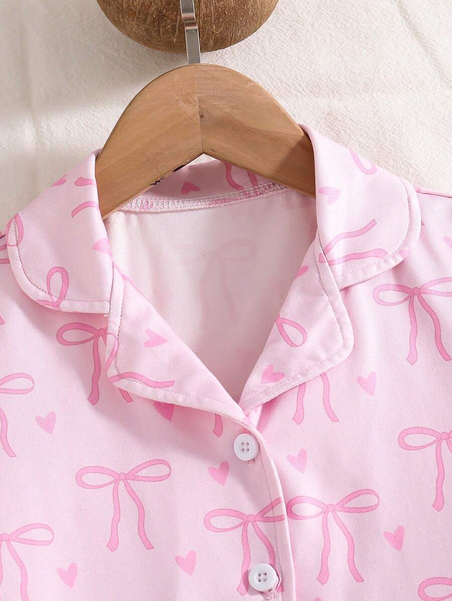 Girls Bow Print Knit Set – Collared Top & Shorts