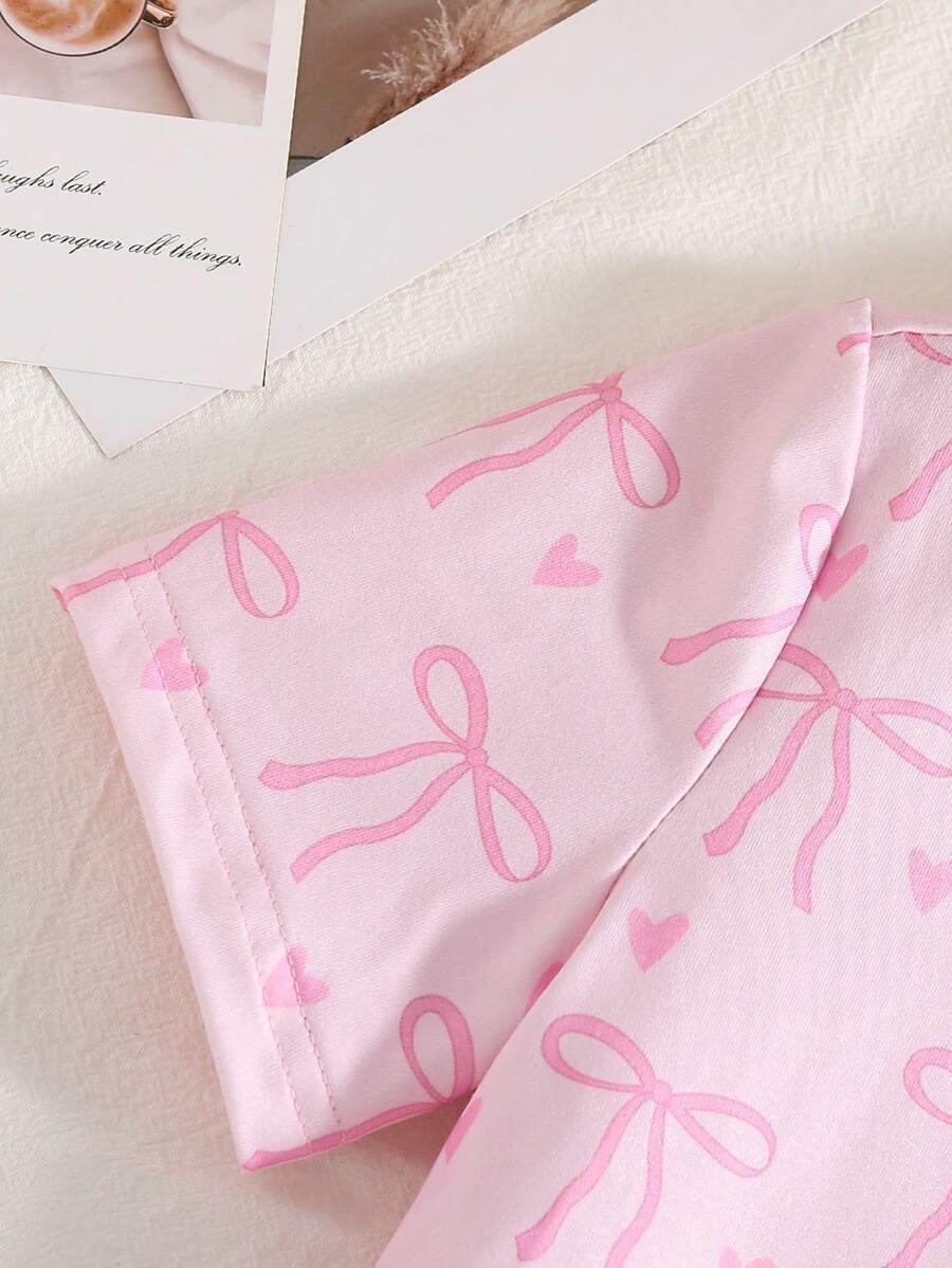 Girls Bow Print Knit Set – Collared Top & Shorts