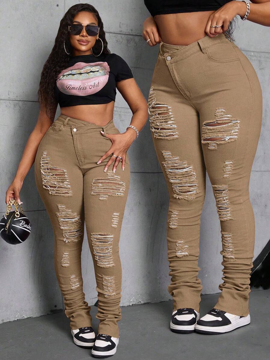 SHEIN SXY Plus Size Brown Ripped Asymmetric Denim Jeans with Extra Long Piling Hem