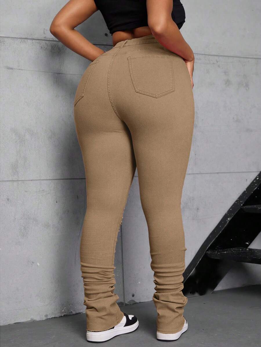 SHEIN SXY Plus Size Brown Ripped Asymmetric Denim Jeans with Extra Long Piling Hem