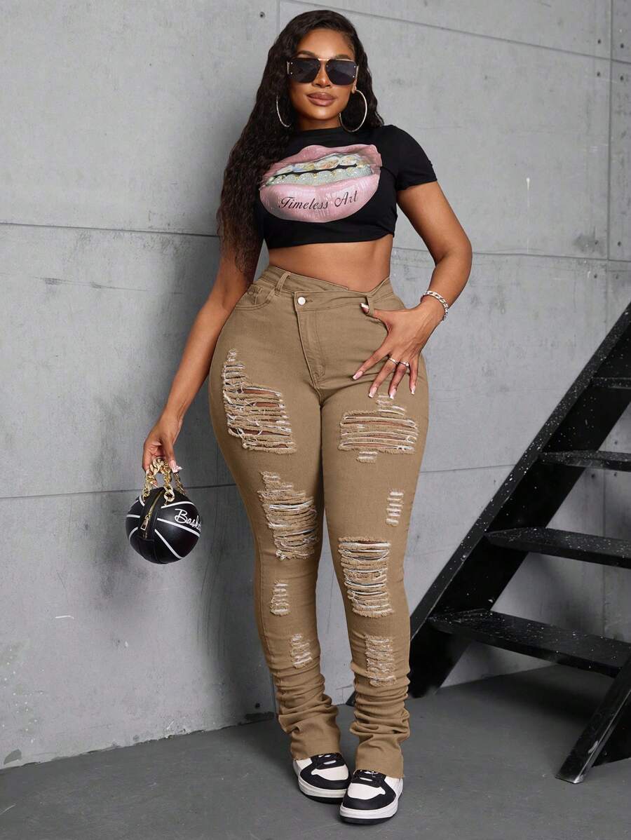 SHEIN SXY Plus Size Brown Ripped Asymmetric Denim Jeans with Extra Long Piling Hem