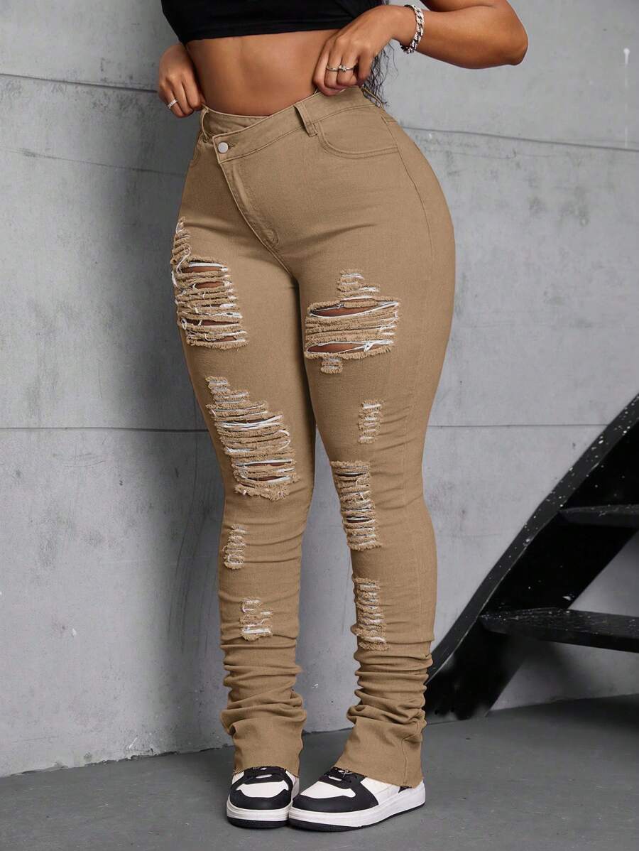 SHEIN SXY Plus Size Brown Ripped Asymmetric Denim Jeans with Extra Long Piling Hem