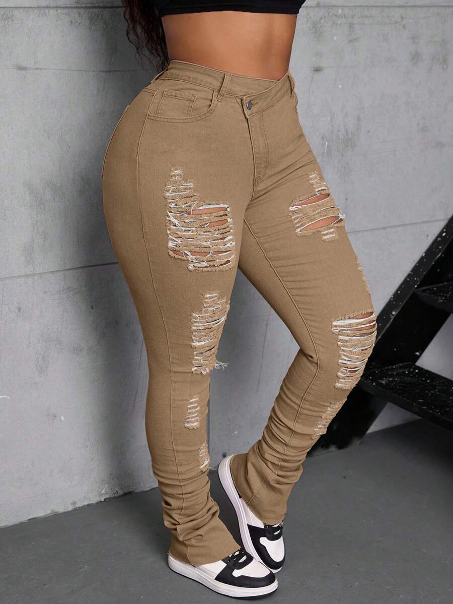 SHEIN SXY Plus Size Brown Ripped Asymmetric Denim Jeans with Extra Long Piling Hem