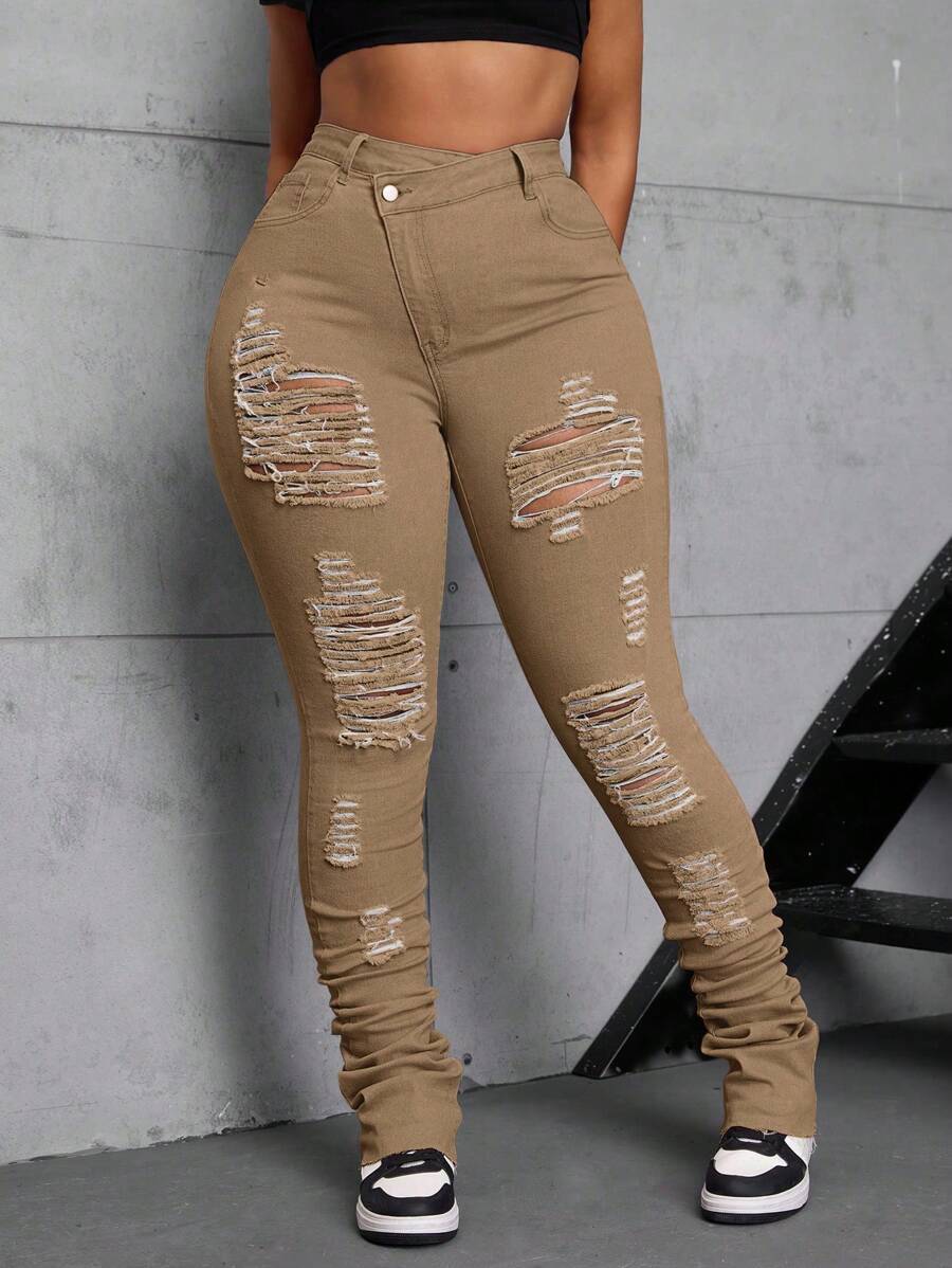 SHEIN SXY Plus Size Brown Ripped Asymmetric Denim Jeans with Extra Long Piling Hem