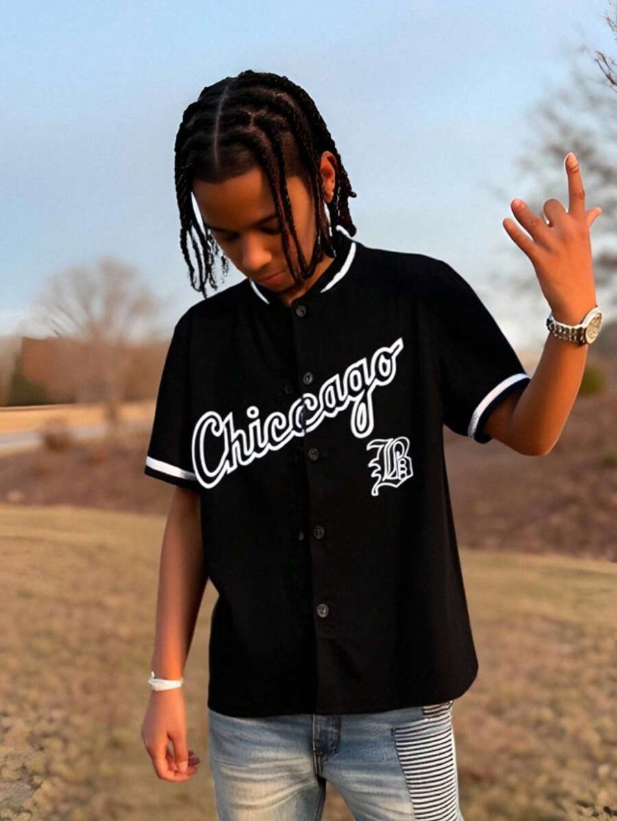 SHEIN Tween Boy Letter Graphic Baseball Collar Shirt