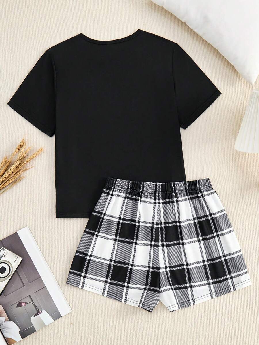 SHEIN 2pcs Teen Girl Letter Tee & Plaid Shorts Sleepwear Set