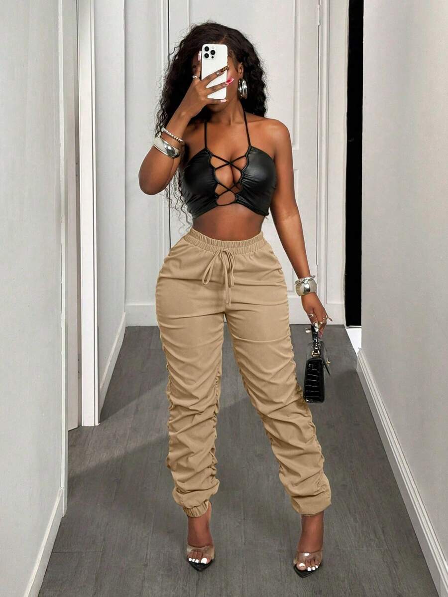 BamGleam Womens Pleated Cuffed Jogger Pants