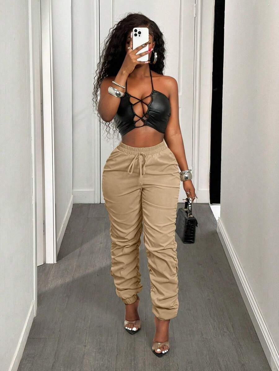 BamGleam Womens Pleated Cuffed Jogger Pants