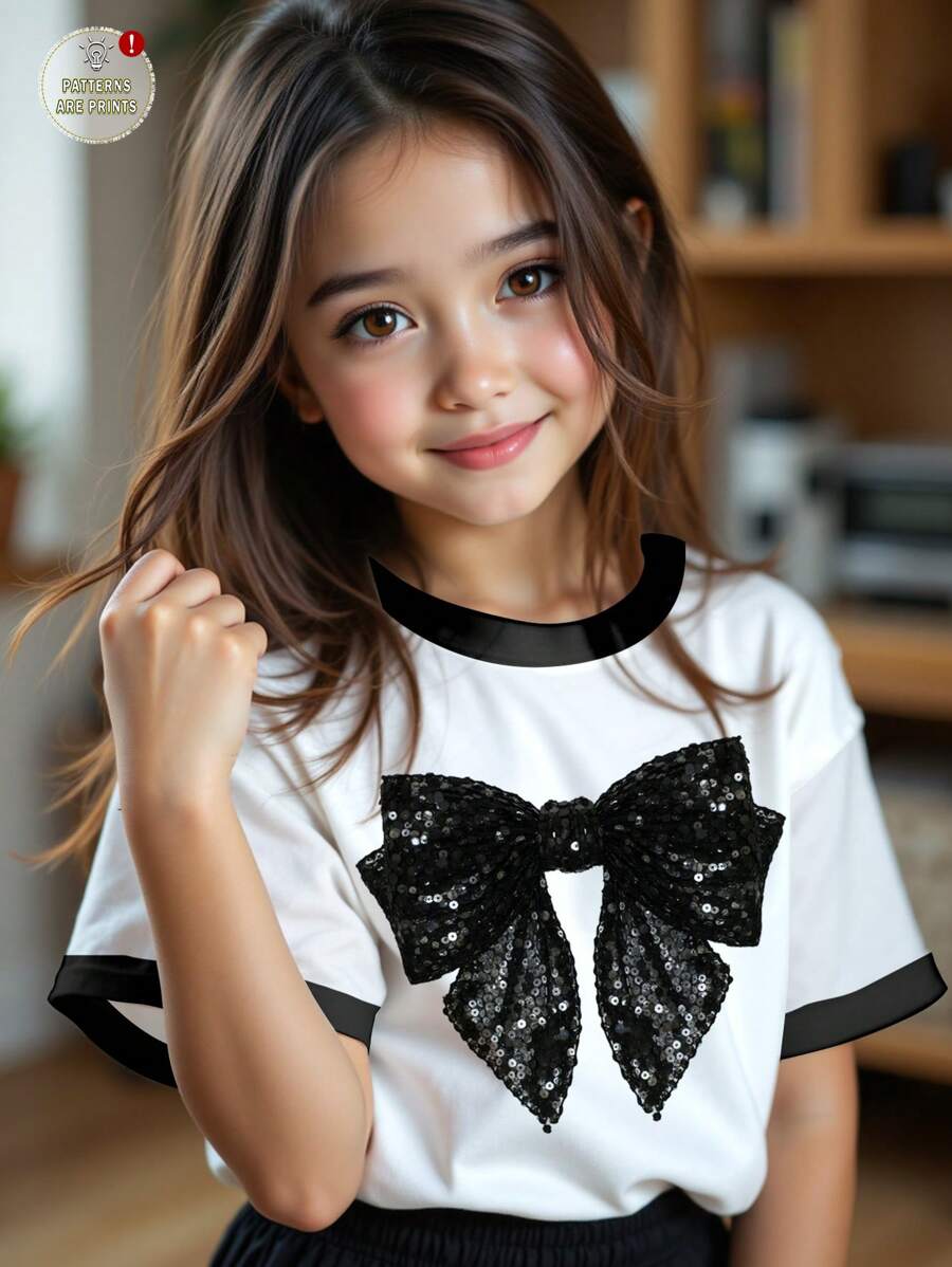 SHEIN Cute & Sweet Black Bow Pattern T-Shirt