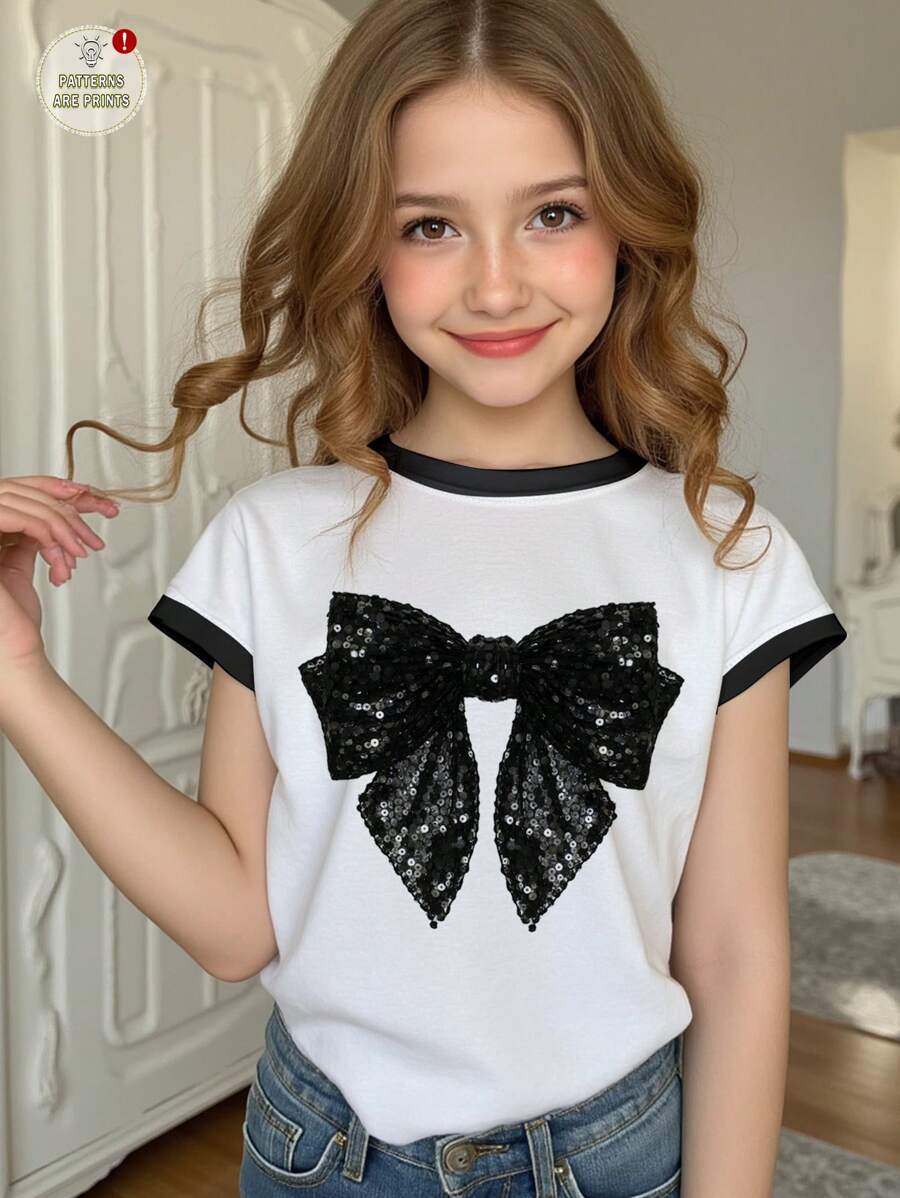 SHEIN Cute & Sweet Black Bow Pattern T-Shirt
