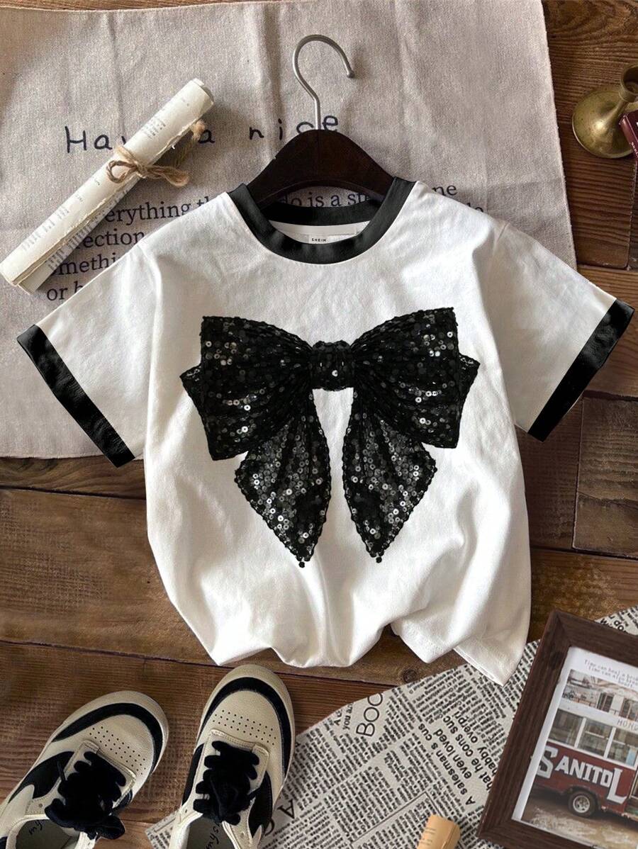 SHEIN Cute & Sweet Black Bow Pattern T-Shirt