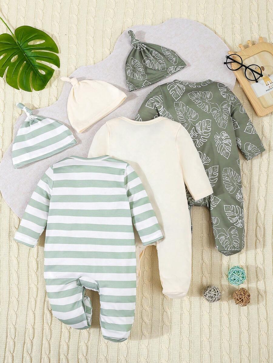 SHEIN 6pcs Baby Set – Green Stripes & Leaf Print