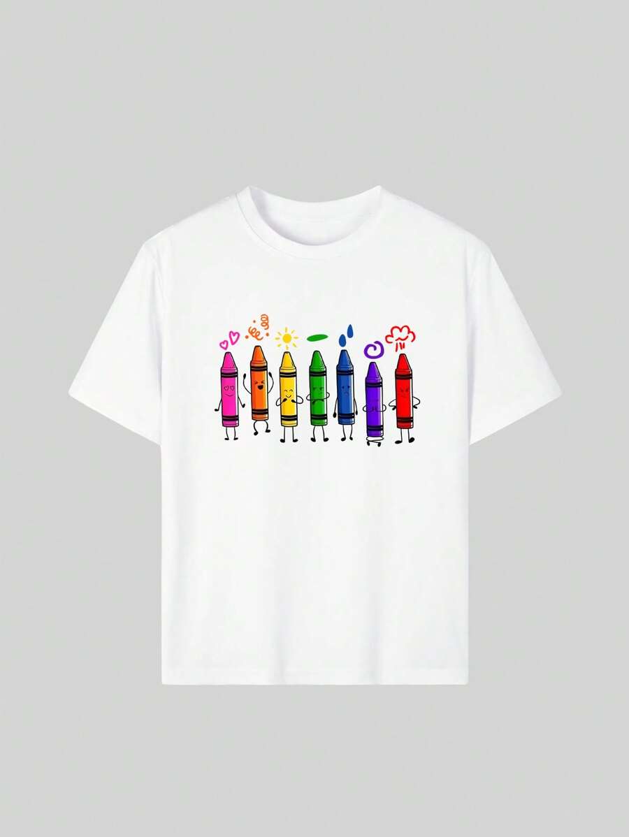 1pc Back To School Girls' Crayon Print T-Shirt