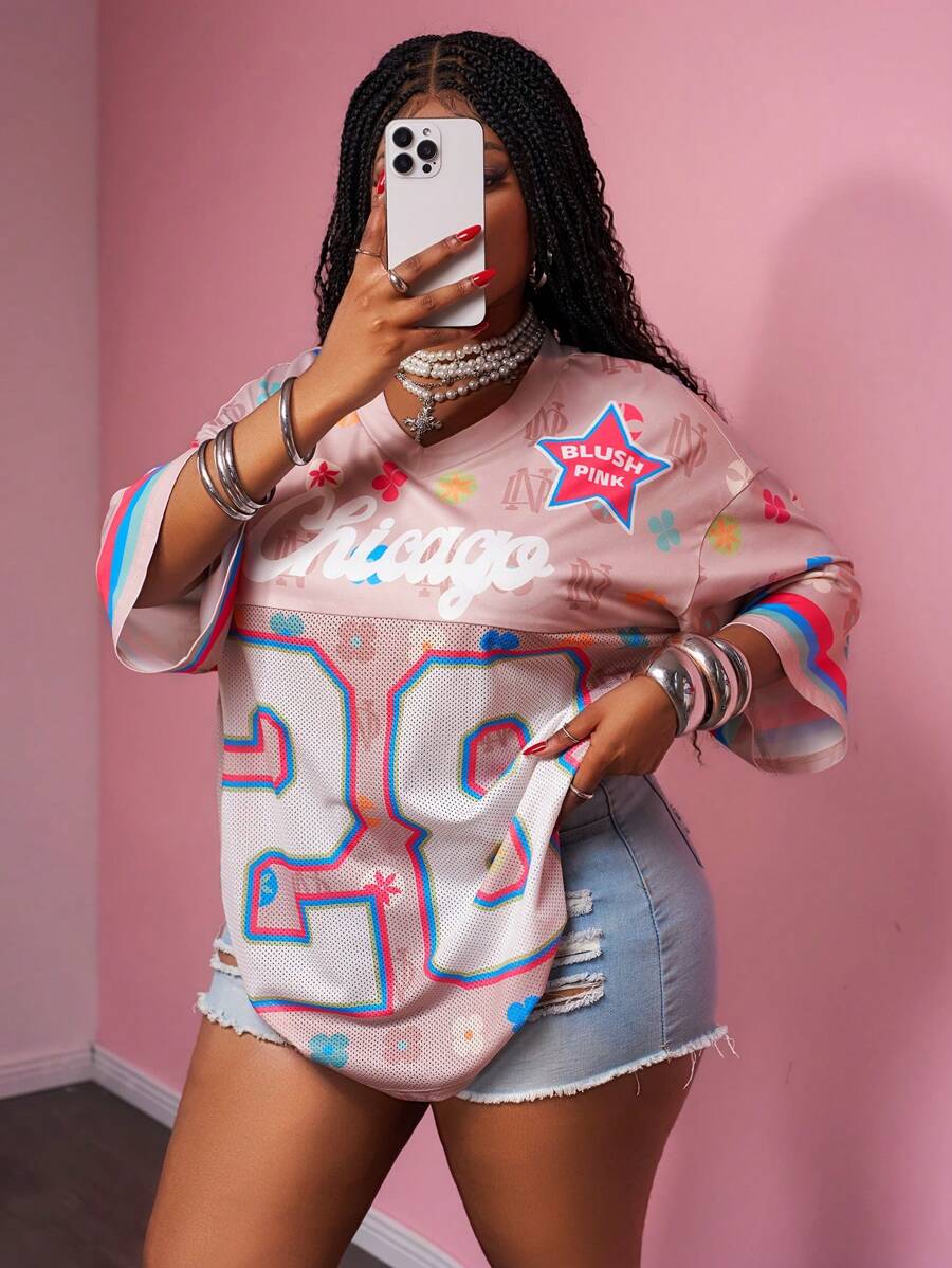 Slaydiva 2025 Spring & Summer Street Sports Casual Loose V-Neck Top with Numeric 28 Print – 5/8 Sleeve